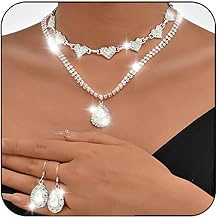 Unicra Silver Bridal Wedding Jewelry Set Sparkly Rhinestone Necklace Earrings Sets Heart Crystal Formal Costume Jewelry for Women and Brides
